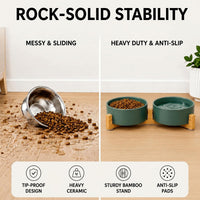 SPUNKYJUNKY Ceramic Dog and Cat Bowl with Wood Stand Non-Slip Matte - 1.7 cups / Green × 2 - image 3