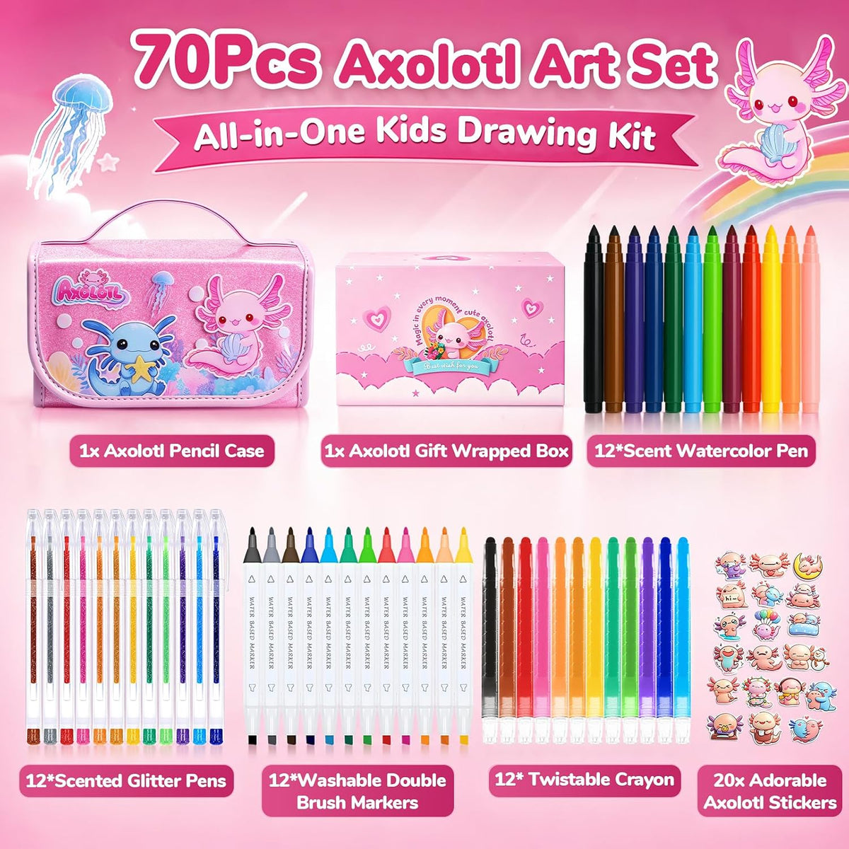 DreamyCandy 70 Pcs Washable Markers Set for Kids 4-8 - Pink Axolotl - image 2