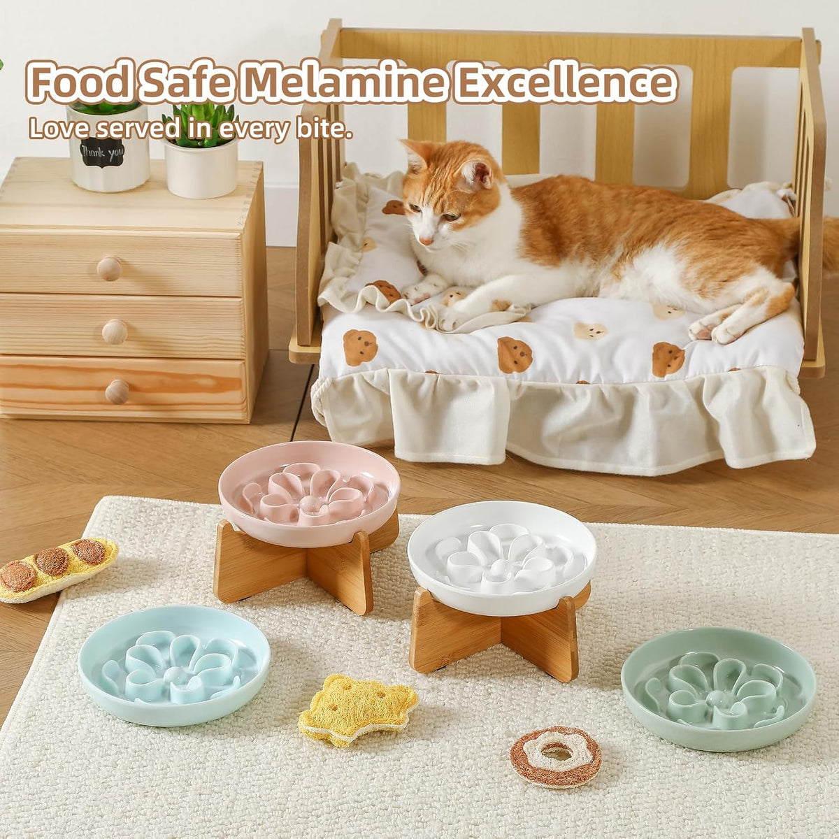 Melamine Cat Slow Feeder Bowl Set - White / 1 PACK - with Stand - image 3