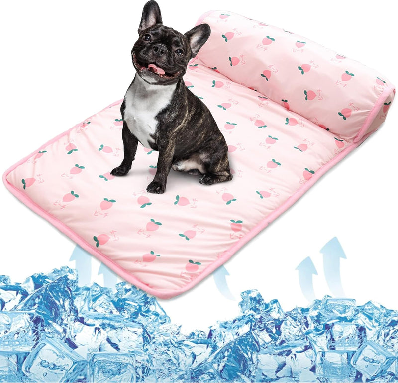 PUMYPOREITY Cooling Dog Bed, Pet Cooling Mat with Pillow - Small / Pink
