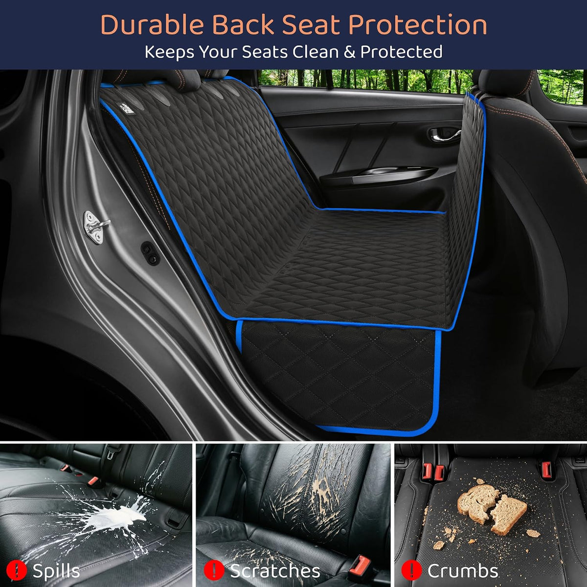 Dog Car Seat Cover for Back Seat, Dog Hammock for Car, SUV - Blue / Standard 54"W- Sedans & Compact SUVs - image 2