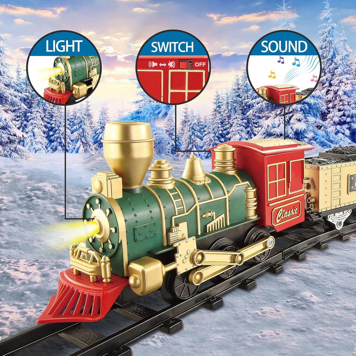 JUQU Train Set, Battery Operated Model Train Toy with Light - Green Gold Red - image 3