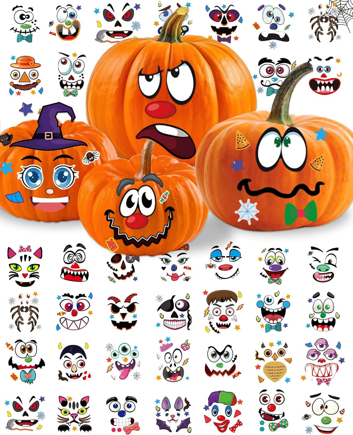 Aowplc Halloween pumpkin face stickers for kids, 32 small faces on vinyl sheets - view 3