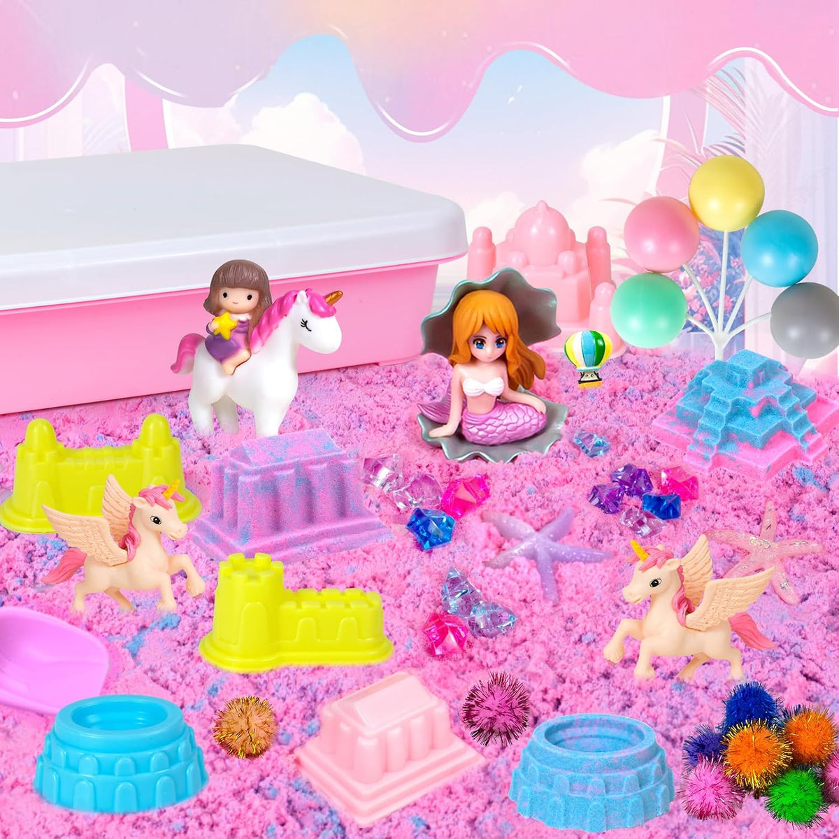 Tcvents unicorn sensory bin with pink sandbox, play sand, castle molds and unicorn figures - view 7