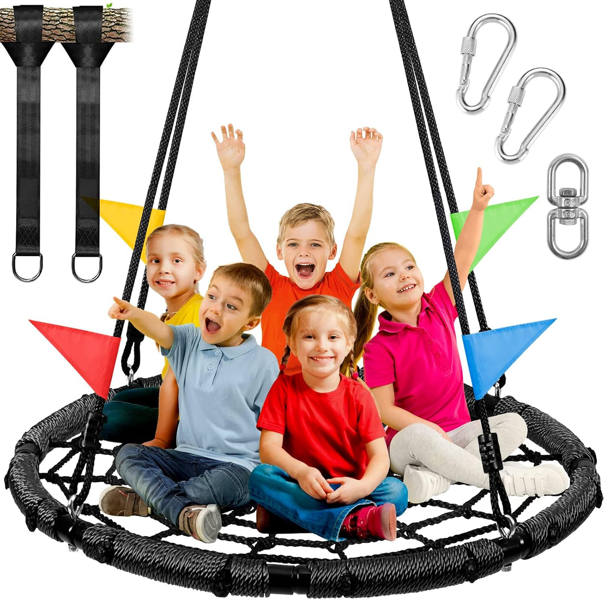 Odoland 43 inch black spider web tree swing with padded steel frame and adjustable ropes - view 2