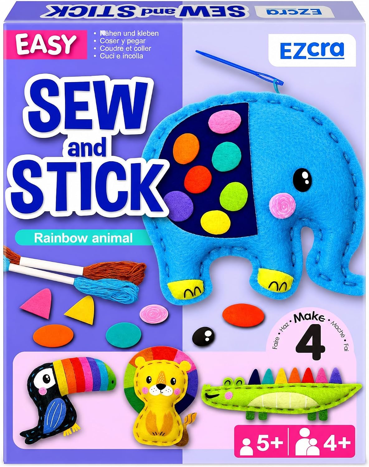 EZCRA Unicorn Sewing Kit for Kids Ages 4-8, 4 Beginner Projects - Safari 4-in-1