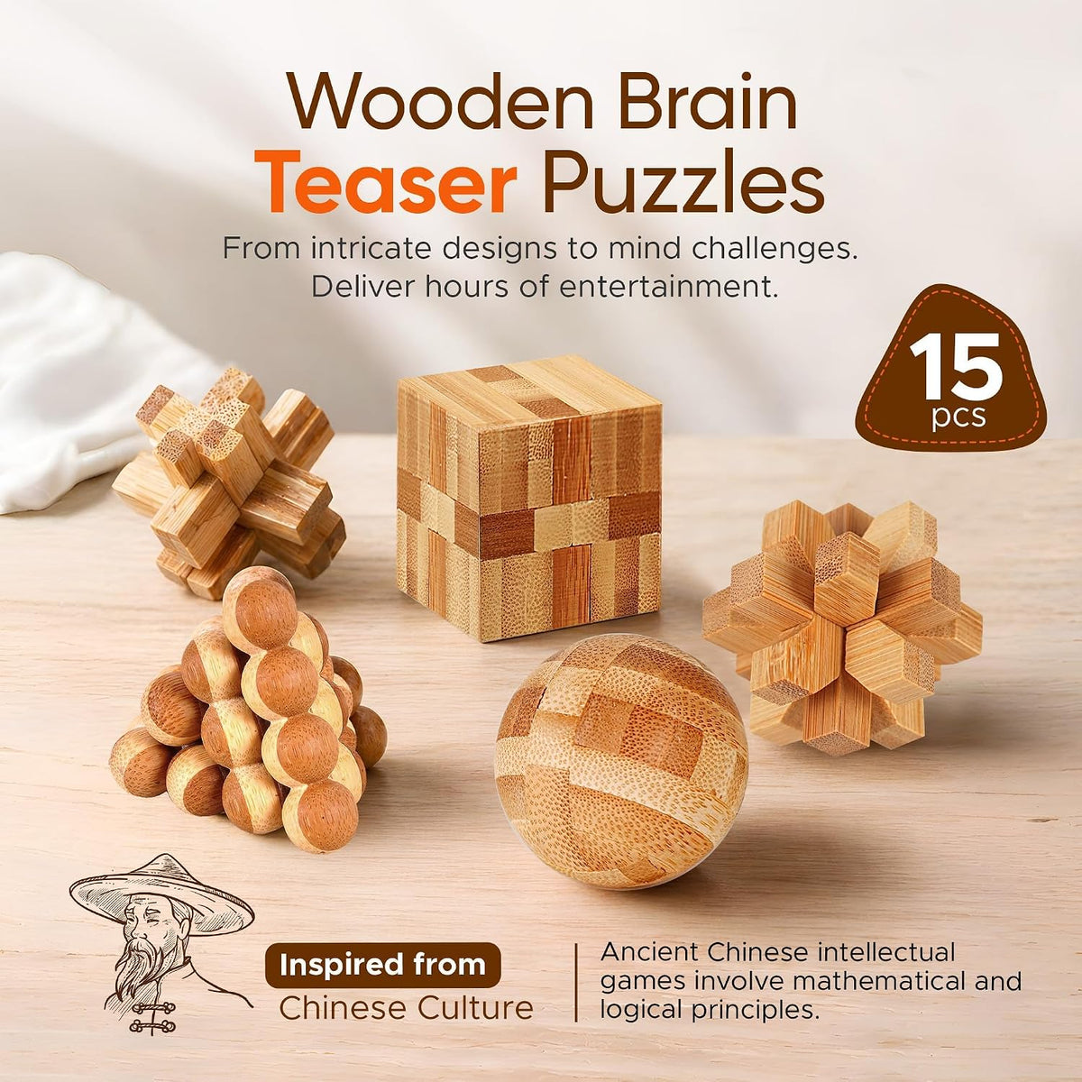 Tuauoe wooden brain teaser puzzles, 12 natural wood Kongming locks - view 7
