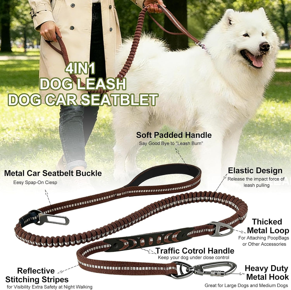 Dog Leash Heavy Duty, Bungee Leash Reflective Car Seat Belt for Dogs Brown – Essentials for Dogs - Brown - image 4