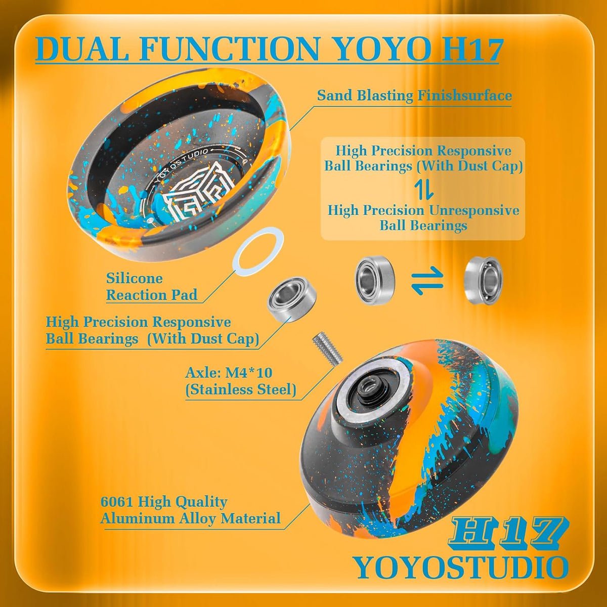 YOYOSTUDIO H17 dual purpose aluminum trick yoyo with strings, glove and case - view 14