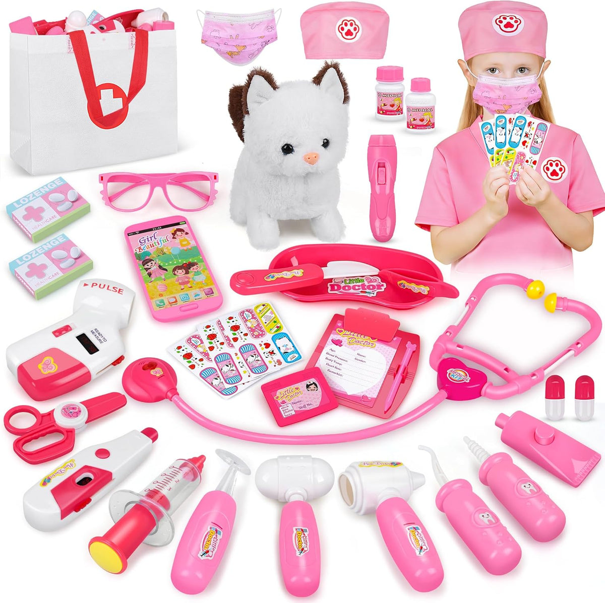 33PCS Toy Doctor Kit for Girls - Pink with Cat Toy