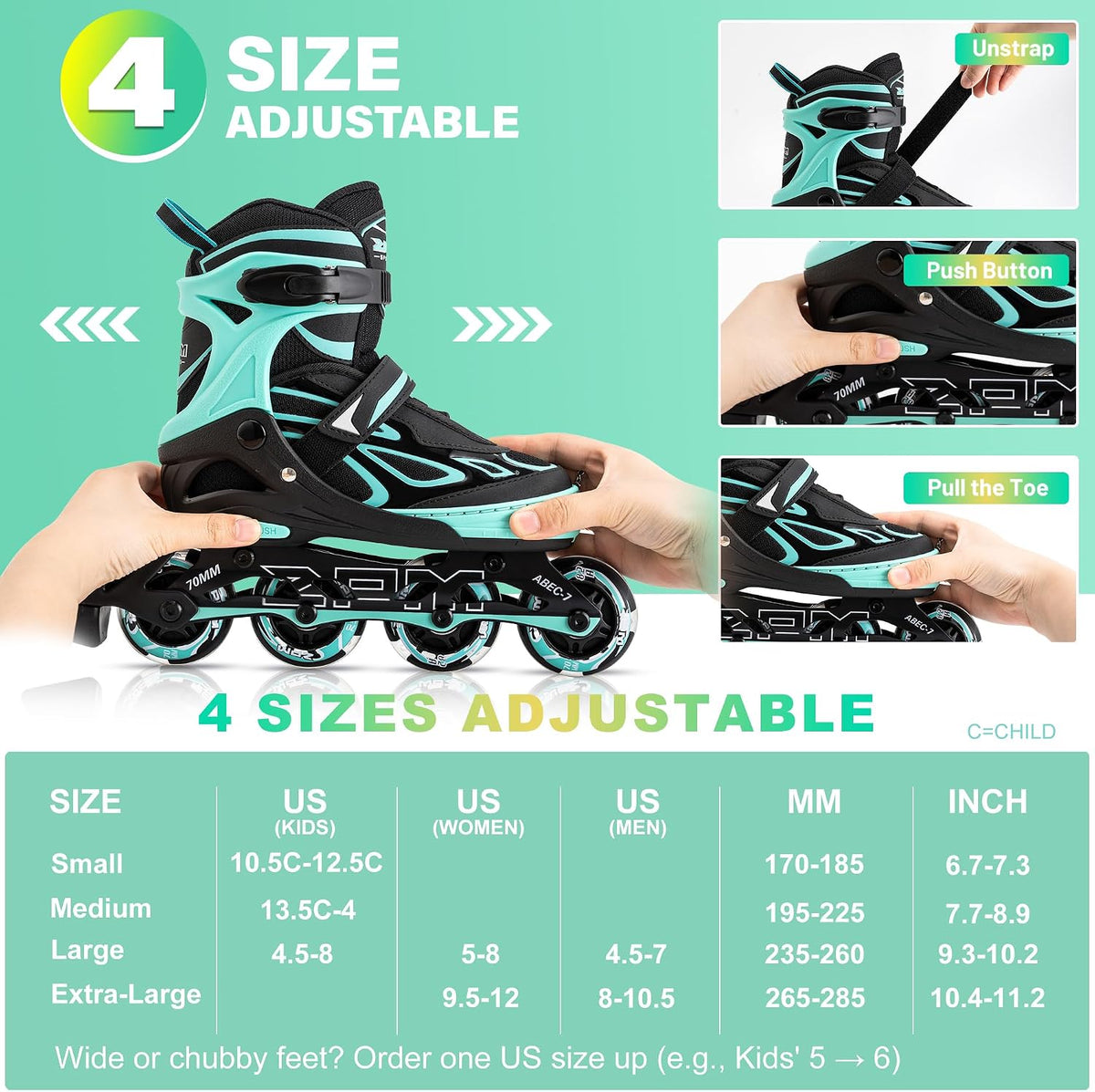 2PM SPORTS Adjustable Inline Skates for Kids, Youth and Adults - Mint / Large - Youth (4.5-8 US) - image 2