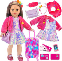K.T. Fancy 23 PCS 18 Inch Girl Doll Accessories Suitcase Luggage - Pink Sequined Suitcase