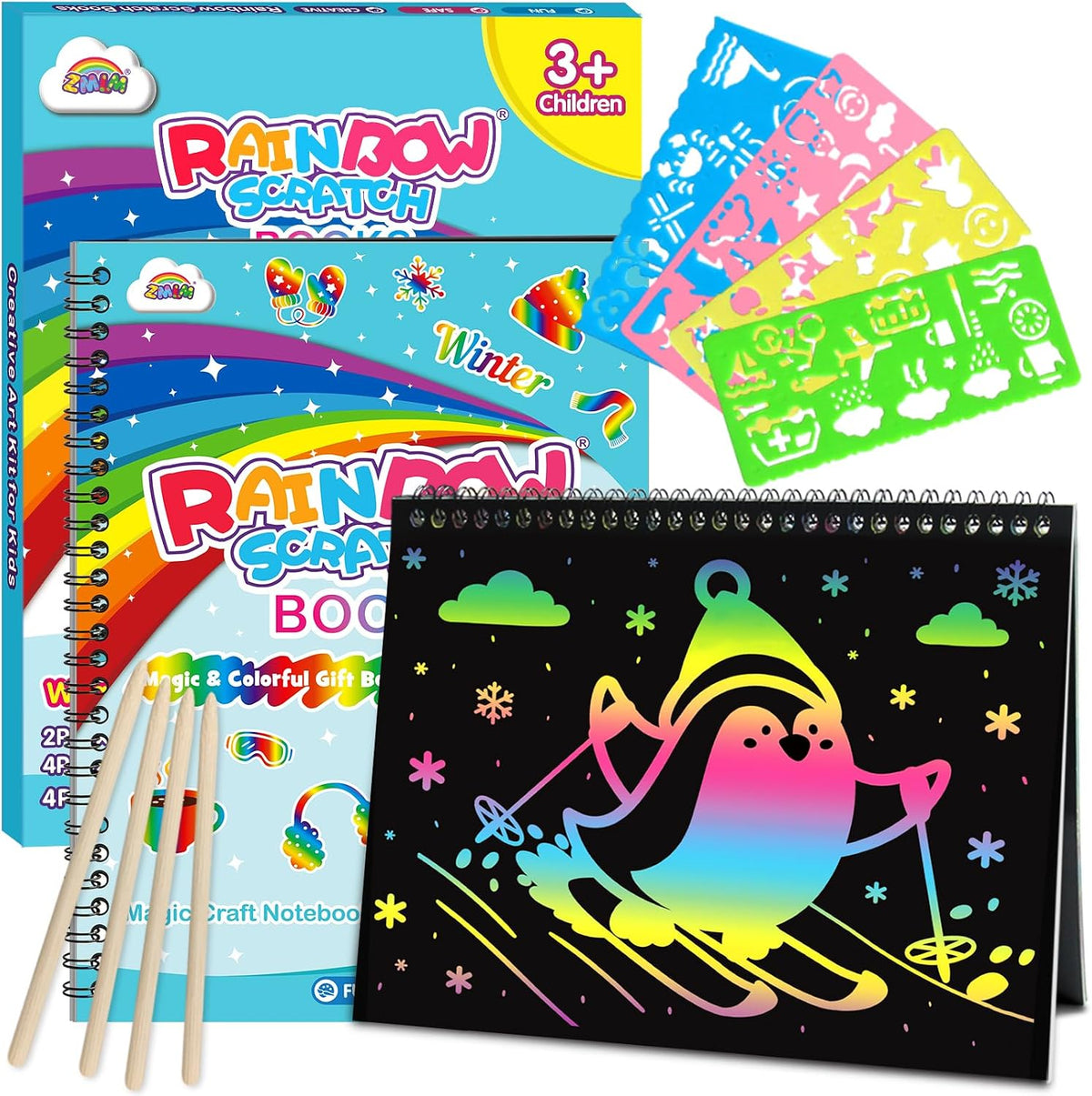 ZMLM Scratch Paper Art-Crafts Gift: 2 Pack Rainbow Notebooks Supplies - Glacial Blue