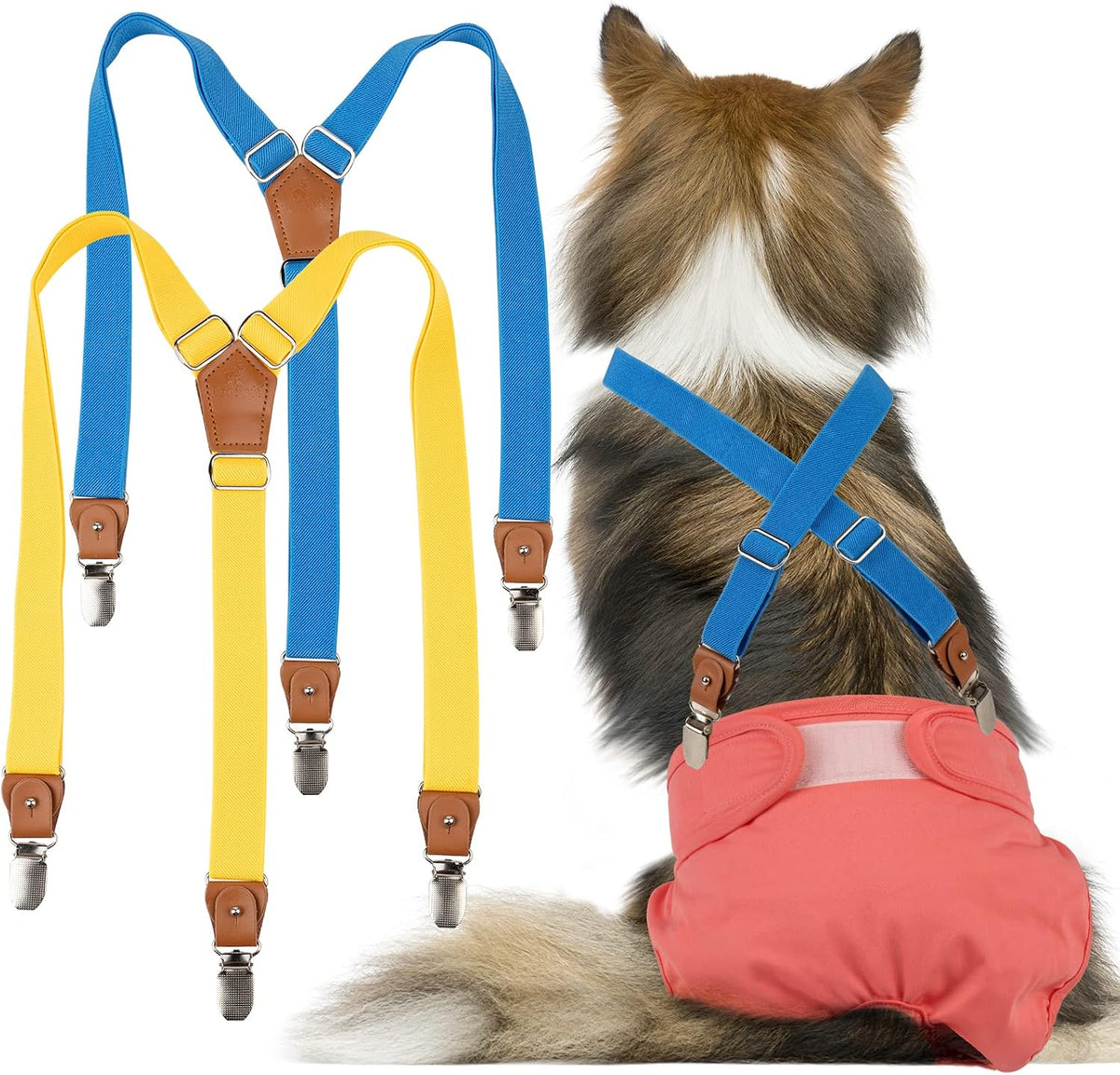 Pet Soft Dog Suspenders 2 Pieces Female Dog Diaper Suspenders - Gold & Blue / M/L