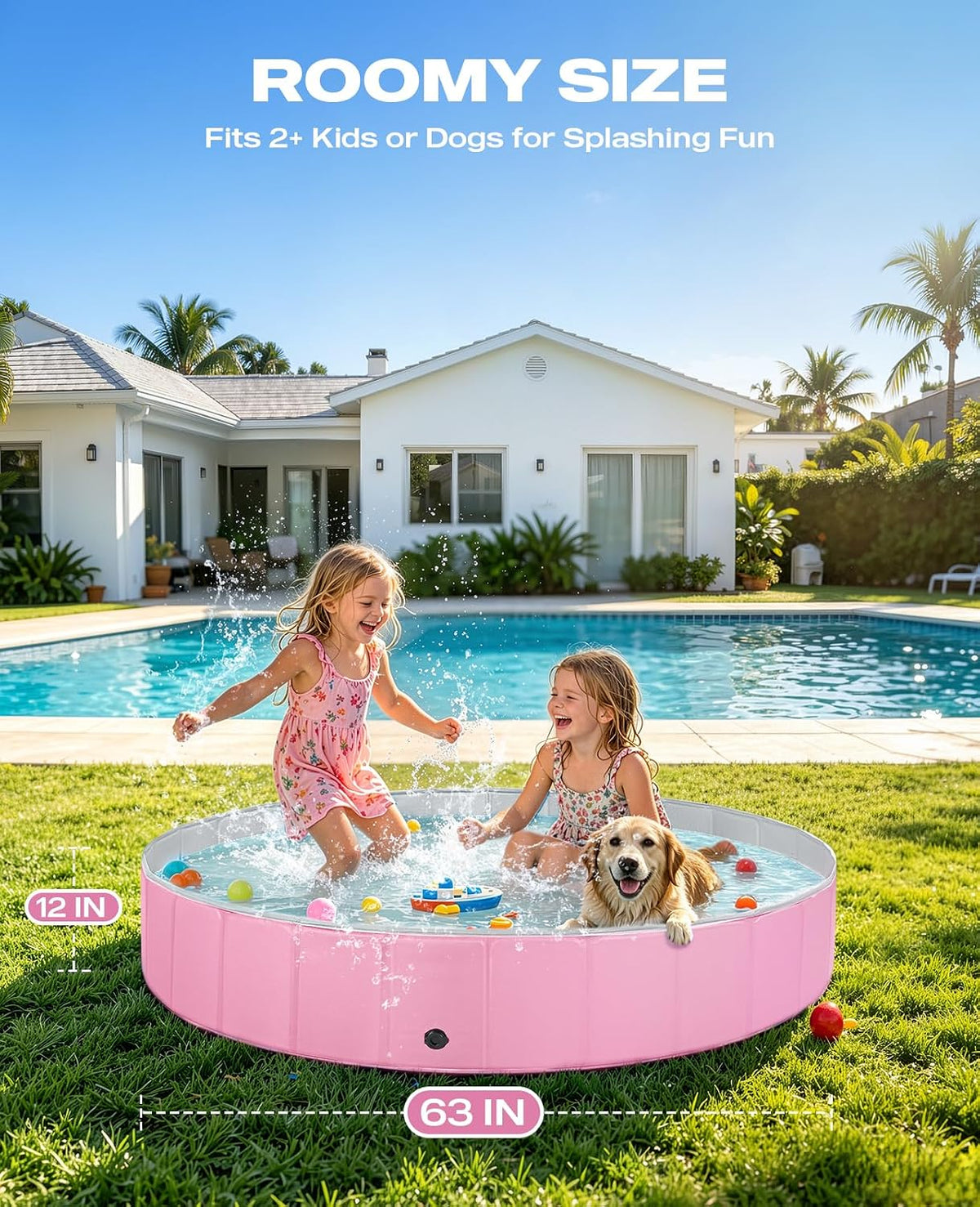 Jecoo Dog Pool for Large Dogs Kiddie Pool Hard Plastic Foldable Dog - Pink / XL-63" x 12" - image 2