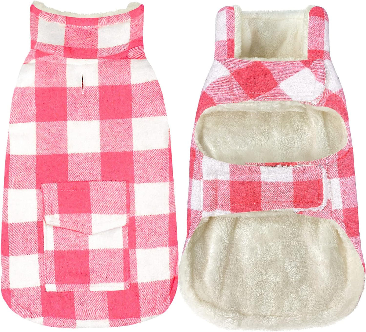 Dog Winter Coat, Classic Plaid Fleece Dog Cold Weather Coats Pet Jacket with Pocket, Windprood Warm - Pink / XXX-Large
