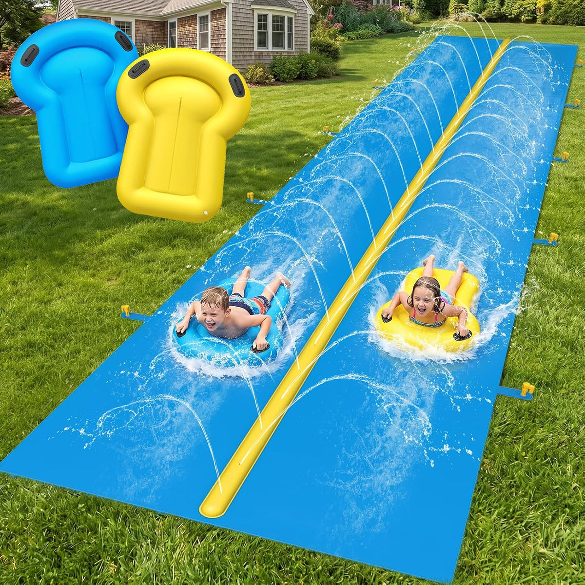 Evoio 39.4 ft dual lane backyard water slide with sprinkler and two inflatable bodyboards