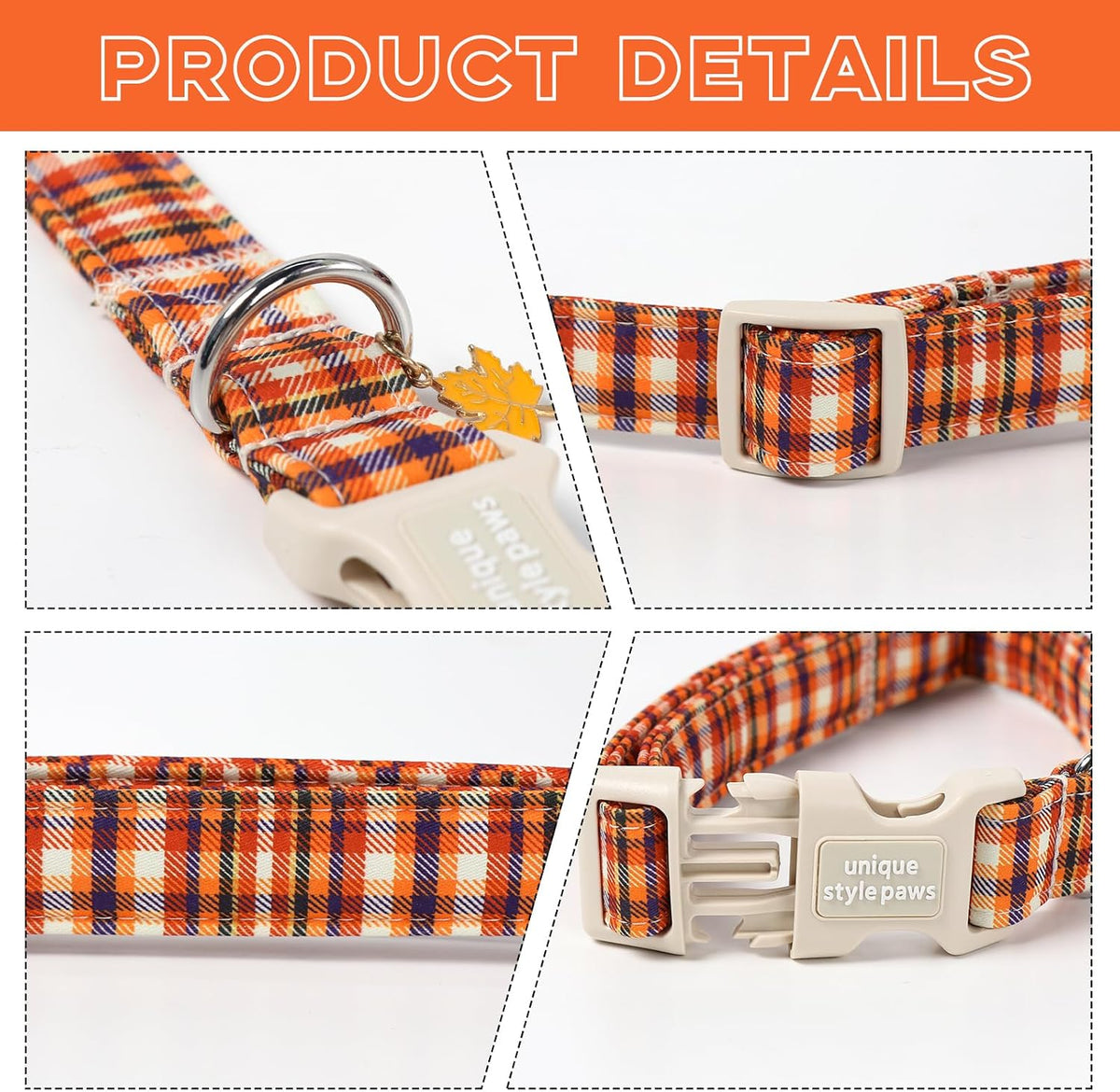 Dog Collar With Metal Buckle, Red Rose Flower Gift for Small - Colorful Orange Grid / L - image 3
