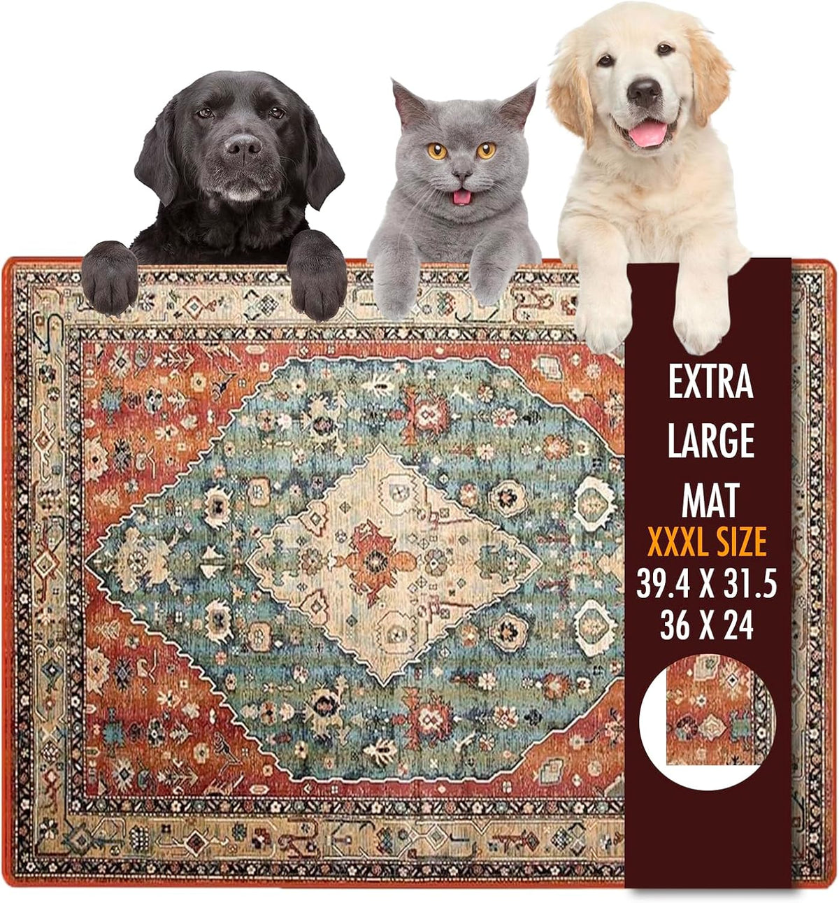Dog Food Mat, 36" x 24" Extra Large Absorbent Dog Mat for Food and Water, Non Skid Cat Bowl Mat - Bohemia green / 39.4"L x 31.5"W