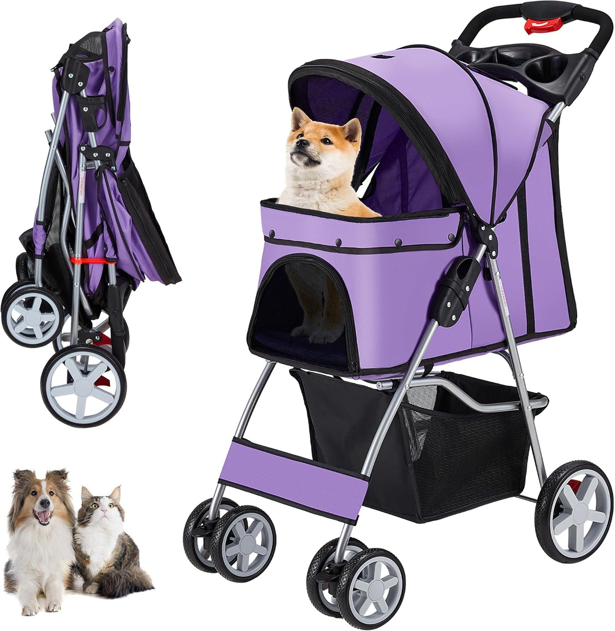 Unisakey Foldable 4-Wheel Pet Stroller for Dogs Cats 10-33lbs - Purple