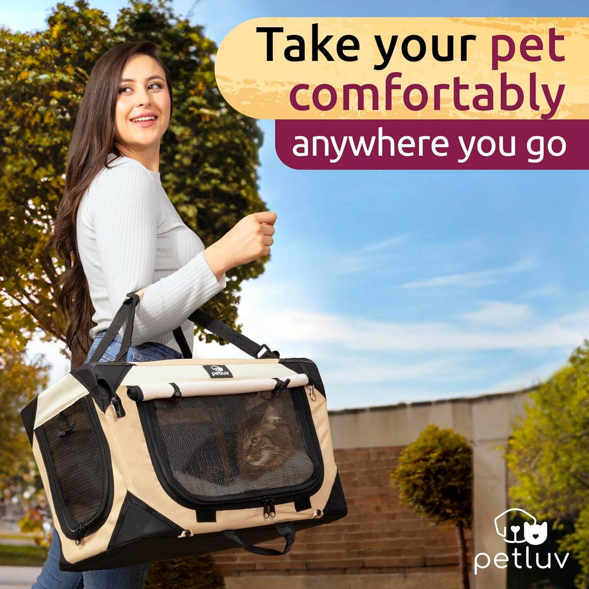 Cat & Dog Pet Carrier, Fits 2 Cats or Medium Dog Comfortably - Tan / Medium - image 4