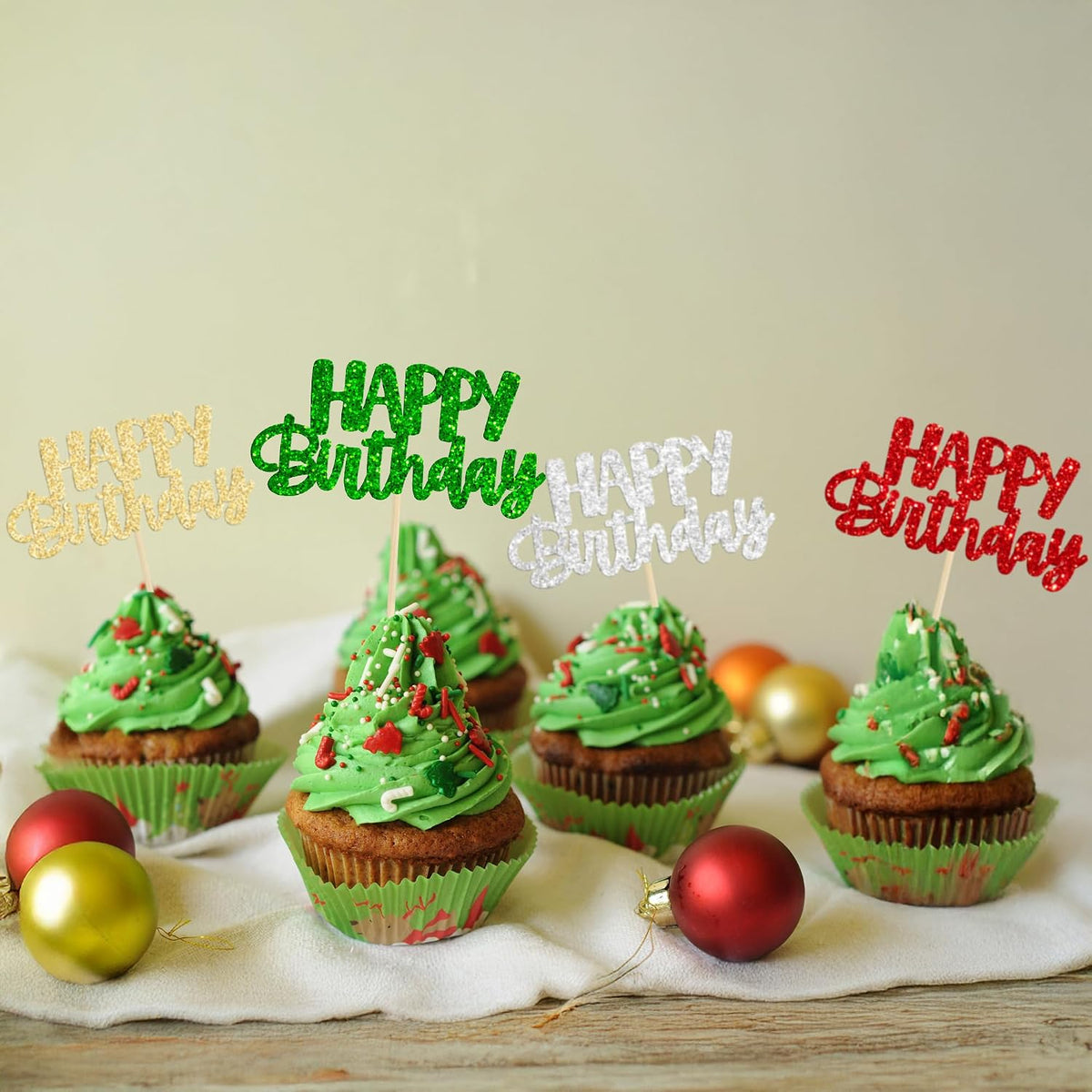 Gyufise 24Pcs Happy Birthday Cupcake Toppers Gold Glitter Celebrating - Silver Red Green Gold - image 3