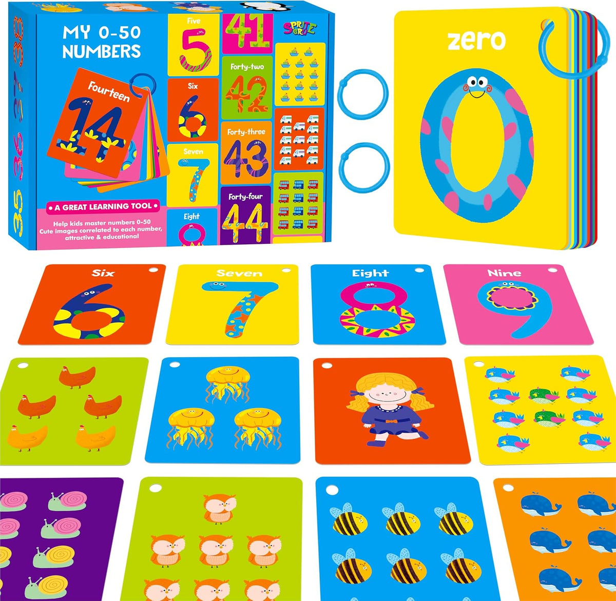 SpriteGru Spanish flashcards for toddlers with colorful cartoon images on rings - view 2