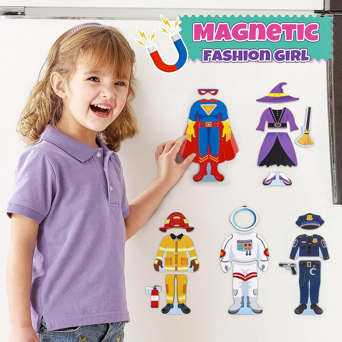 Atoylink Wooden Magnetic Dress up Dolls Pretend Play Set 40+ Pcs - Girl - image 3