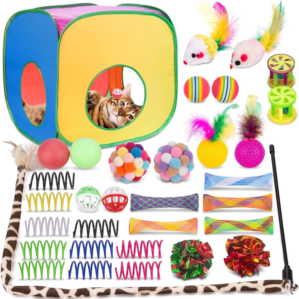 33Pcs Cat Toys Pack for Indoor Cats Kitten, with Cube Tunnel – Essentials for Cats - Game Tunnel Toy Set - For Cats Over 12lbs