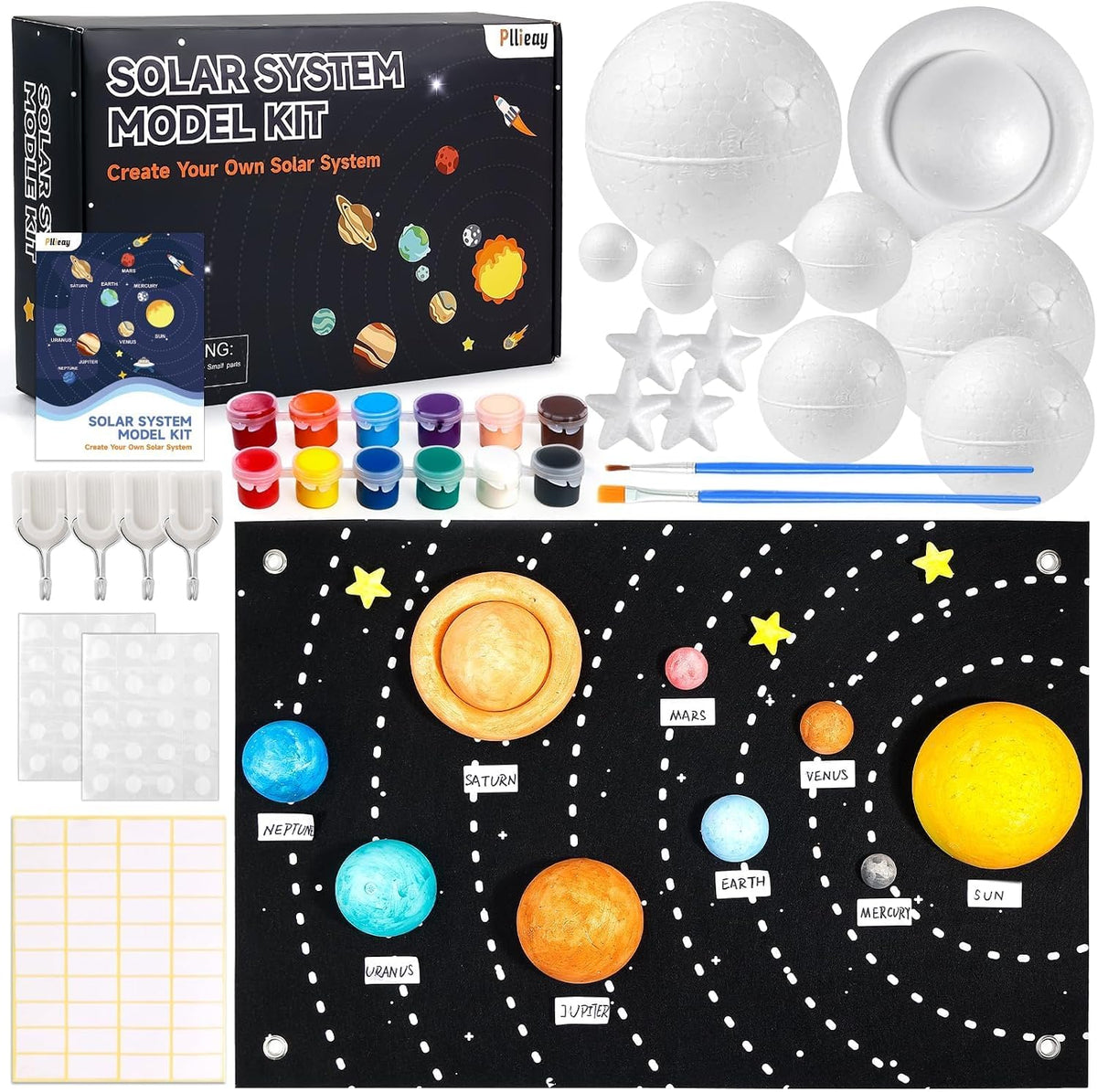 Pllieay solar system model kit with felt background, painted foam planets and stars