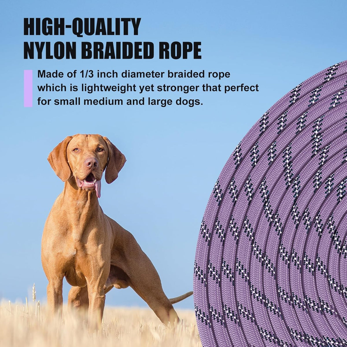 Long Dog Leash Reflective Rope Training Lead 15ft 30ft 50ft Check Cord – Essentials for Dogs - Light Purple / 30ft x 3/8inch - image 4