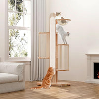 Modern Cat Tree Tower for Indoor Cats, 67" Tall Solid Wooden Cat Tower with Scratching Posts, 6 Level Natural Luxury Cat House with Big Bed, Washable Cushions Cat Furniture for Large Cats White
