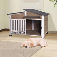 Chew-Resistant Dog House with Metal Frame, Wooden Kennel for Indoor & Outdoor Use, Waterproof Roof & Feeding Bowls Included (Brown, L)