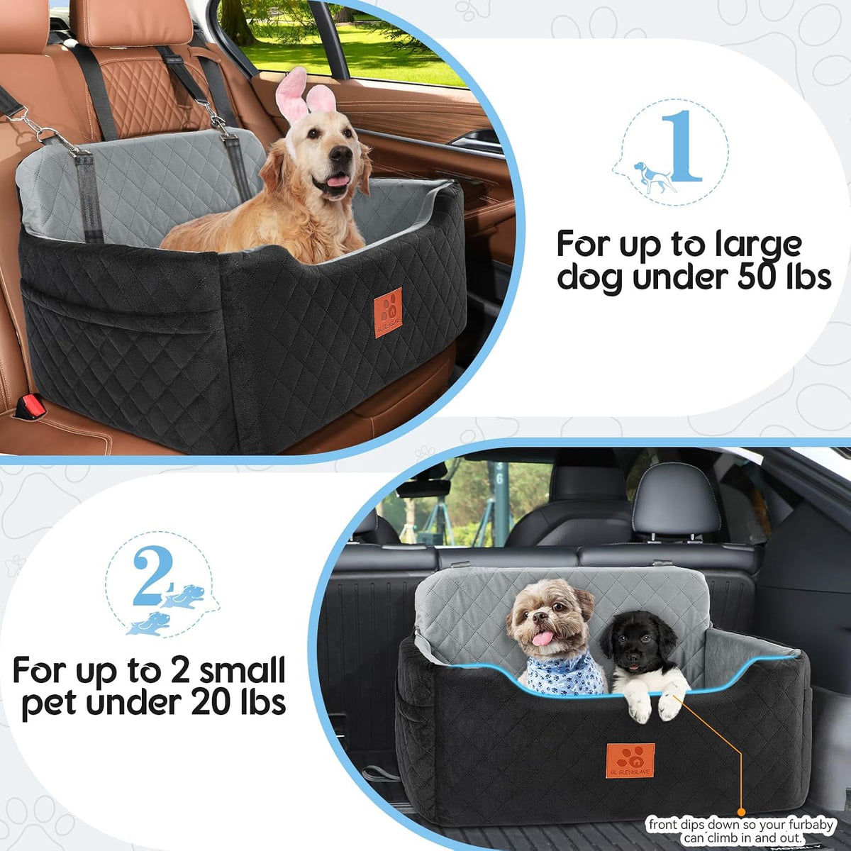 Dog Car Seat for Medium/Large Dog Under 50 lbs or 2 Small Dogs – Essentials for Dogs - Black/Grey - image 4