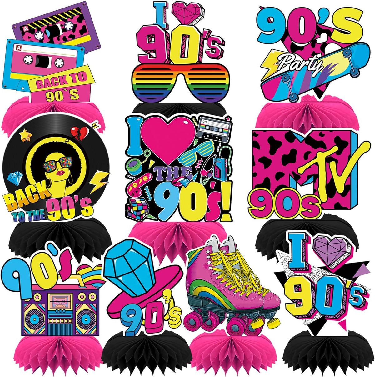 10 Pcs 80s Party Decorations, 1980s Table Honeycomb Centerpieces – Fun for Kids & Family - 90s Retro Style