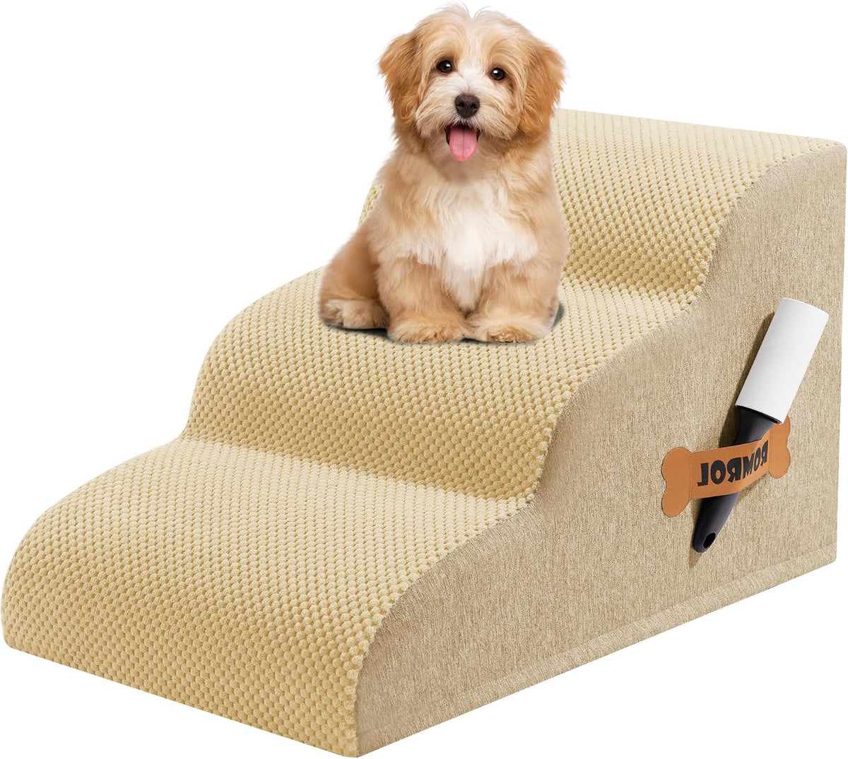 Dog Stairs Ramp for High Bed - 3 Step-13.5"H / Fleece-Beige