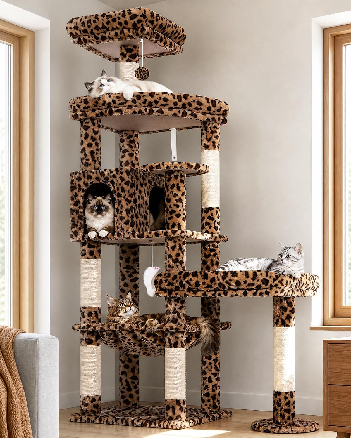 Globlazer 65in Sturdy Cat Tree Tower for Indoor Large Cats, S65 - 65inch / Leopard Print