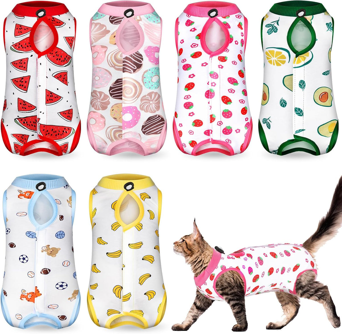 Kacctyen 6-piece cat recovery suit set in fruits print, medium, 100% cotton