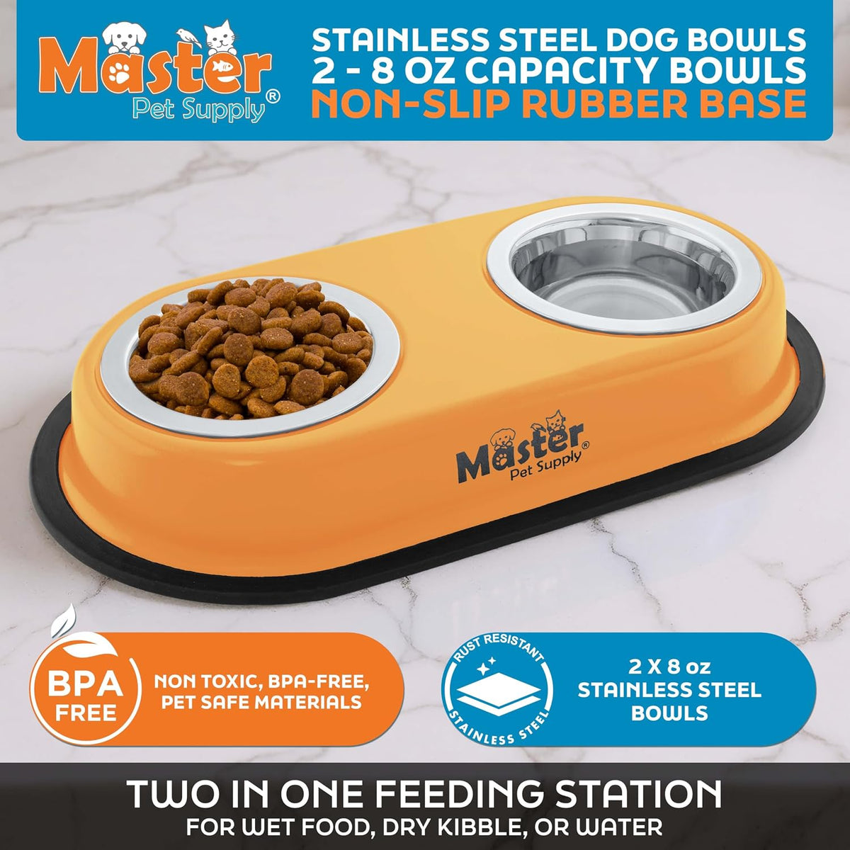 Master Pet Supply Double Dog Bowls Set with Elevated Base Black Velvet – Essentials for Dogs - Mango Tango - image 2
