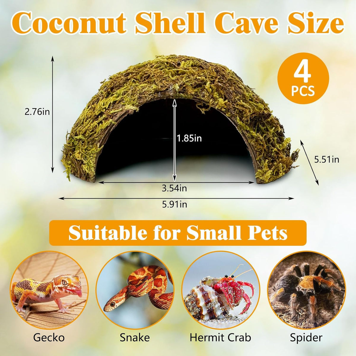 PINVNBY 2 PCS Natural Coconut Reptile Hideouts Lizard Coco Hut Hermit - Moss Surface / 4 PCS - image 2