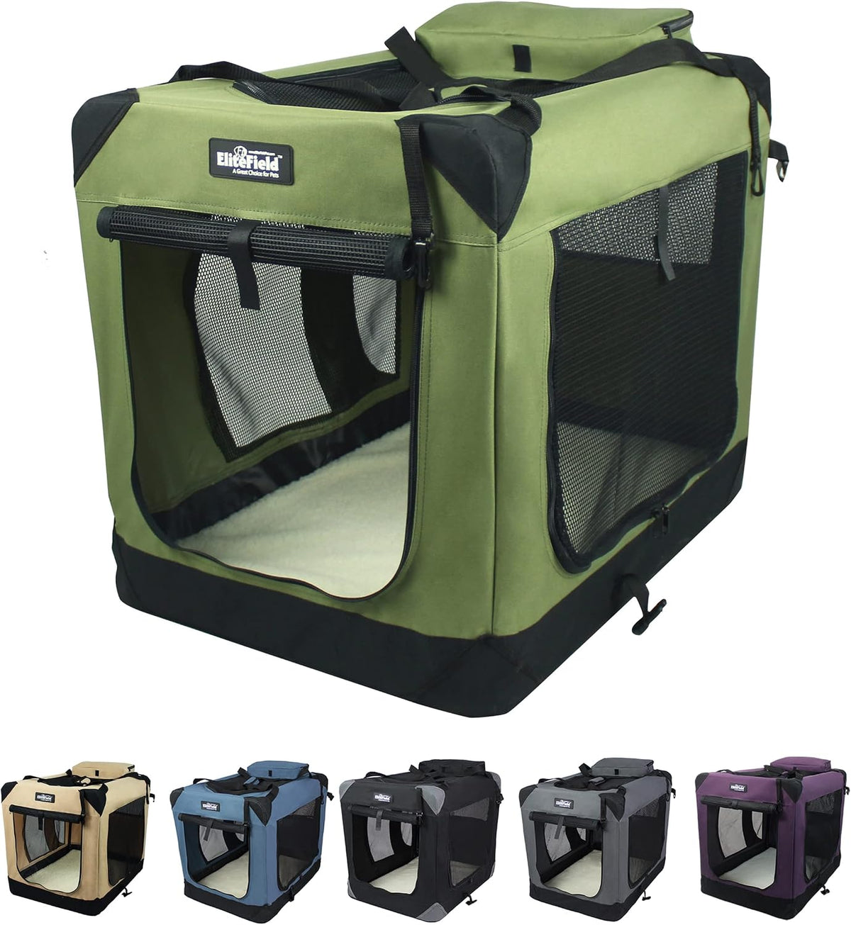 EliteField 3-Door Soft Dog Crate with Bed & Carrying Bag – Essentials for Dogs - Sage Green / 36.0"L x 24.0"W x 28.0"H