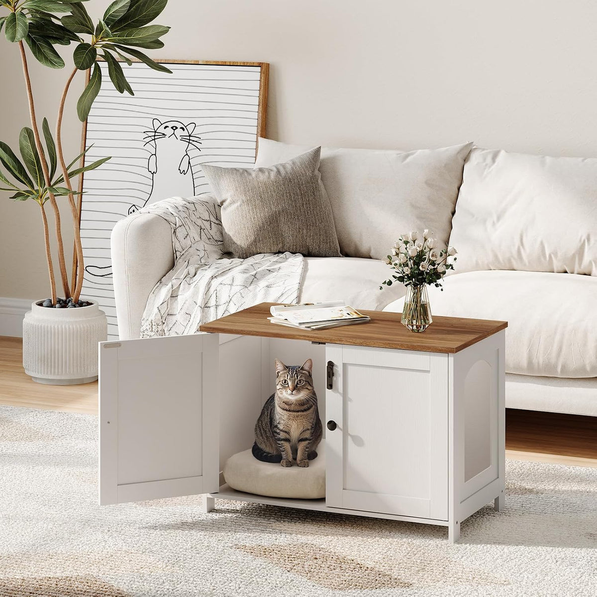 HOOBRO Litter Box Enclosure - White + Walnut / 31" L x 17.5" W x 19.7" H - image 2