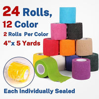 24 Pack Self Adhesive Bandage Wrap 2 Inch, Cohesive Medical Tape for Sports, Elastic Vet Wrap for Athletic, Ankle, Wrist Sprains, Pet First Aid