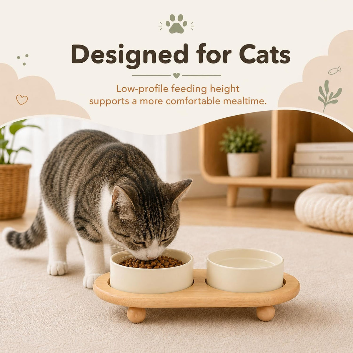 Cat Bowls Set of Two, 5.1” Ceramic Cat Food Bowls - Light Yellow / 2 Bowls+Tray - 5.1" - image 3