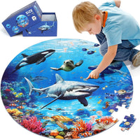 DIGOBAY round underwater ocean floor puzzle with sharks, fish and coral reef, 70 pieces