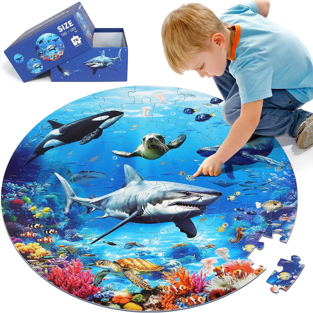 DIGOBAY round underwater ocean floor puzzle with sharks, fish and coral reef, 70 pieces
