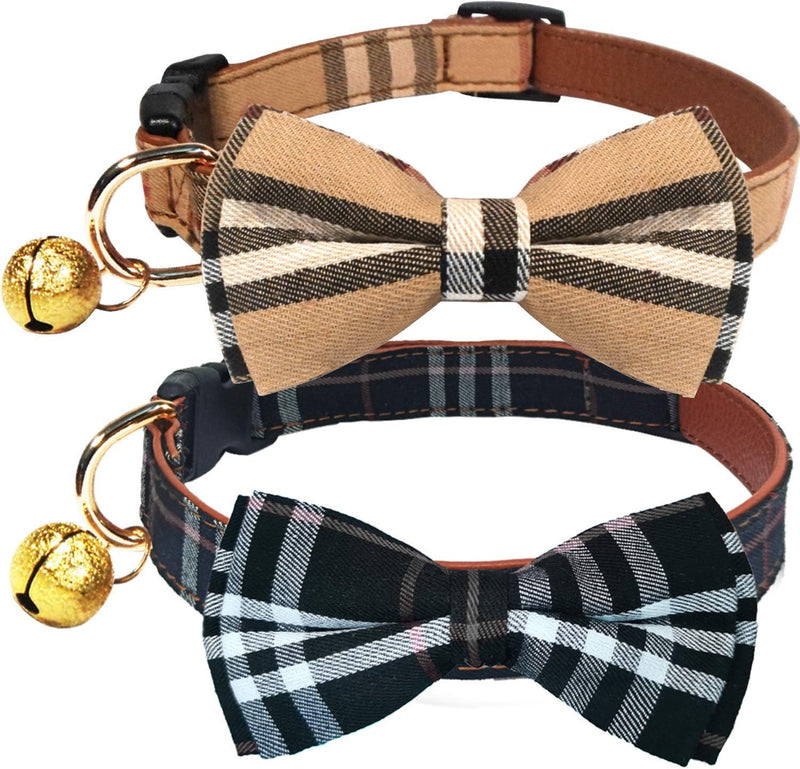 2 Pack/Set Dog Collars with Bow Tie and Bells - S(9.6''-13.8'') / Black+Brown