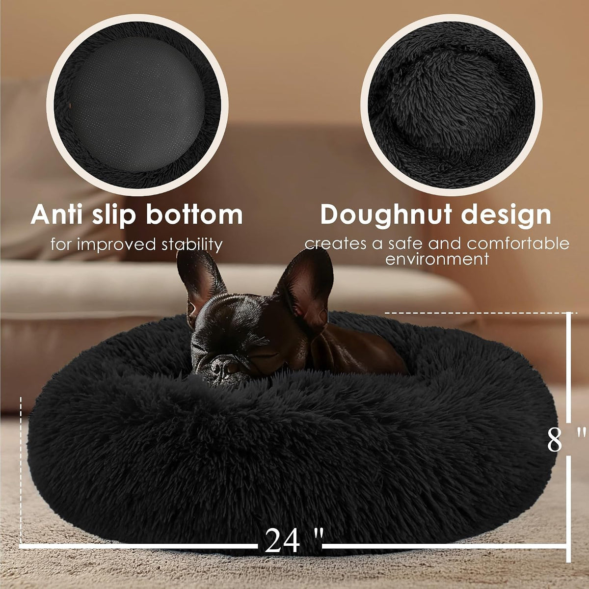 Hoewina Dog & Cat Bed for Indoor Cats - Black / 24.0"L x 24.0"W x 8.0"Th - image 2