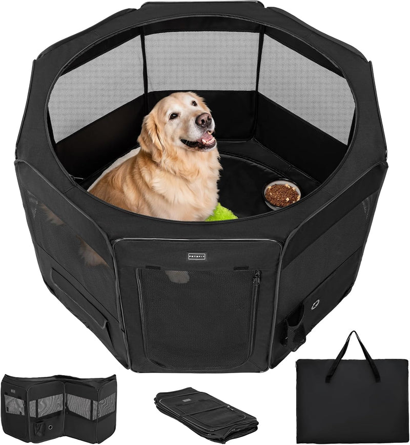 PETSFIT Portable Dog Playpen 36", Removable Waterproof Mat - Black / Large (45.5"x45.5"x28.5")