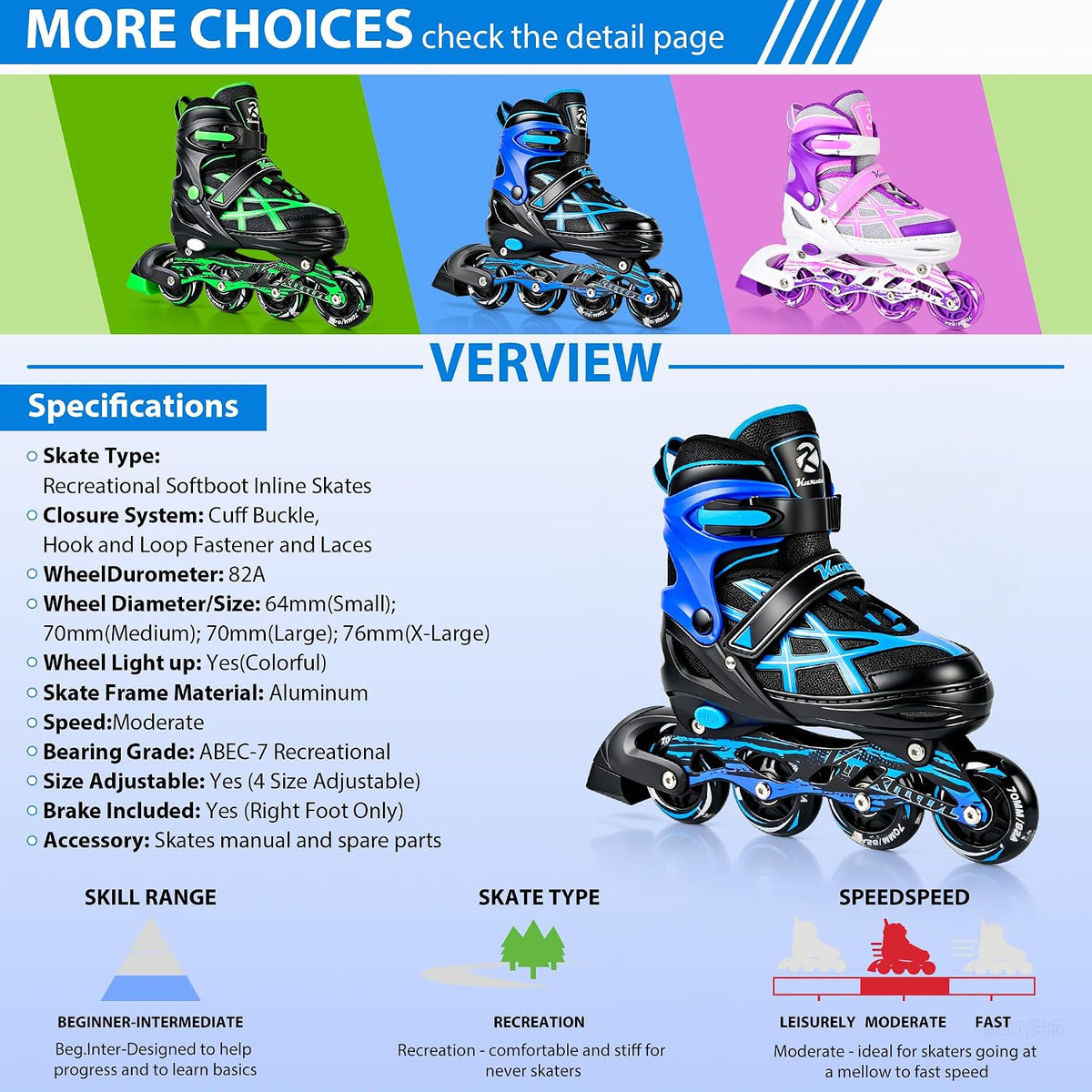 Kuxuan Boys Adjustable Inline Skates with Light up Wheels for Kids - Stripe Blue / X-Large(Adult 8-10 US) - image 2